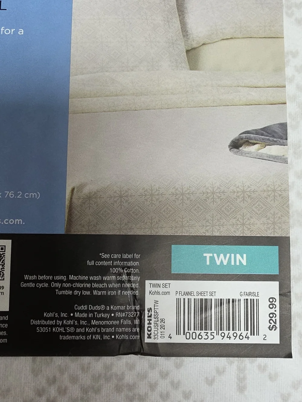 Cuddl Duds Twin Heavyweight Flannel Sheet Set in Light Gray Fair Isle